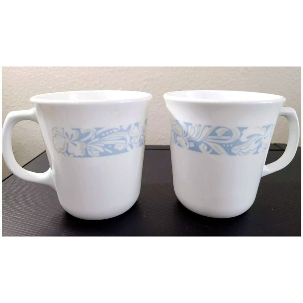 2 Corelle Corning Coffee Mugs Cups Sea and Sand White Blue Tan D Handle VTG USA